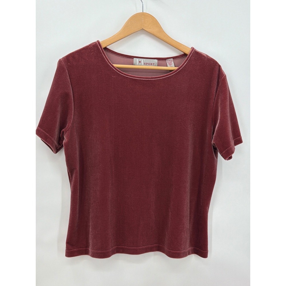 LT Sport Mauve Velvet Short Sleeve Top Crew Neck Stretch Large RN13711